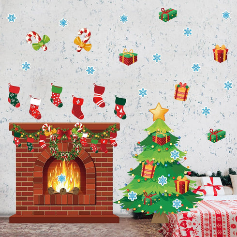 Tatuo 71 Pcs Christmas Fireplace Bulletin Board, Large Holiday Brick Background with Christmas Tree Candy Snowflakes