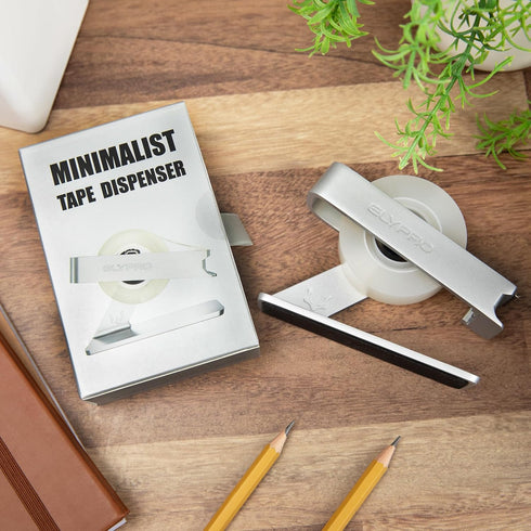 ELYPRO Modern Tape Dispenser - Elegant Minimalist Design, Heavy Metal, Space-Saving for Office & Home Use, Bonus Tape