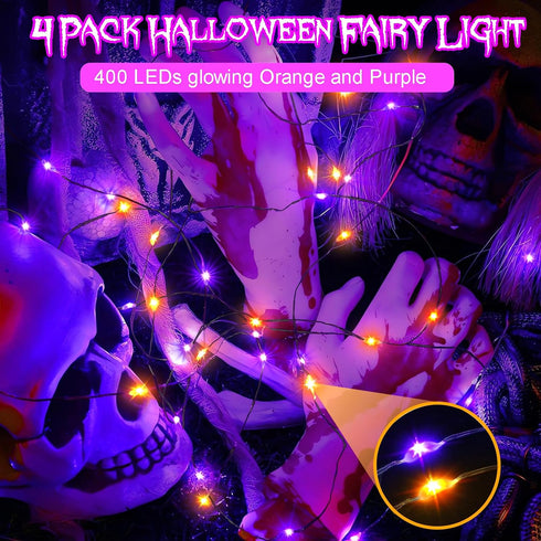 4 Pack 131.2Ft 400 8 Halloween Solar Fairy Lights LEDs Outdoor Twinkle Lights with Modes, Waterproof Silver Wire String