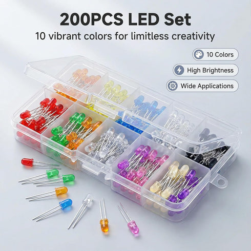 MakerCircuit 200Pcs 3mm 10 LED Diode, LED Light Kit Box Colors, Light Emitting Diodes Component for DIY, Science