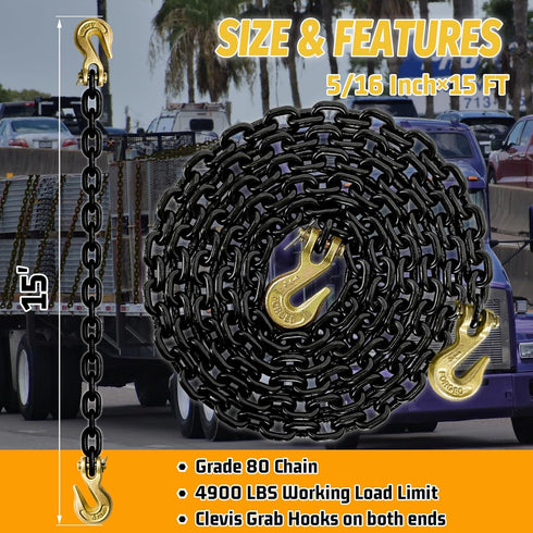 G80 5/16" Tow Chain, 15 Ft Heavy Duty Chains with Clevis Grab Hooks, 4900 Lbs Working Load Limit for Towing
