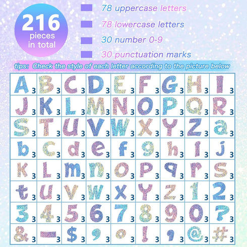 Gueevin 216 Pcs Holographic Bulletin Board Letters for Classroom, Numbers, Alphabet, Punctuation Cutouts with Adhesive