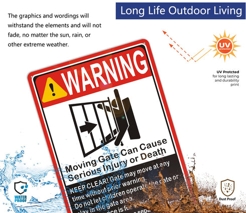 Moving Gate Sign, Can Cause Serious Injury or Death, 10"x 7" Warning Sign, 2 Pack