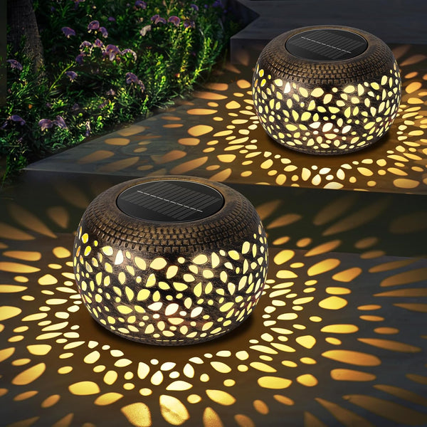 Solar Lanterns Waterproof Outdoor Decor: 2 Pack Hollow Out Retro Metal Solar