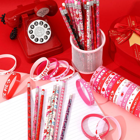 JUNEBRUSHS 72Pcs Valentine's Day Party Favors Set, 36Pcs Valentines Day Pencils with 36Pcs Silicone Bracelets