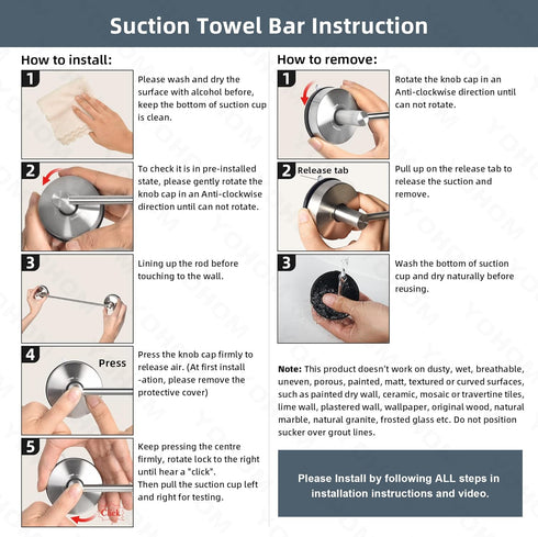 22 Inch YOHOM Suction Cup Towel Bar for Shower Stainless Steel Bathroom Hand Towel Holder Suction Washcloth Holder