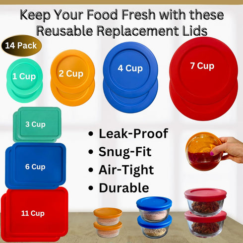 14 Pack Replacement Lids for Pyrex, Anchor Hocking & KlareWare Storage Bowls, 1, 2, 4 & 7 Cup Round, 3, 6, 11 Cup