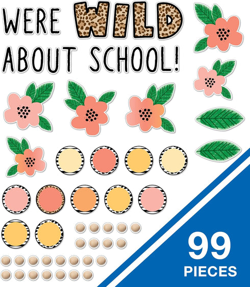 Schoolgirl Style Simply Safari We Are Wild About School Bulletin Board Set, Boho Neutral Classroom Bulletin Board Set, Sweet Leaf & Flower Decor, Wood Bead Bulletin Board Decorations (99 pc) by Schoolgirl Style