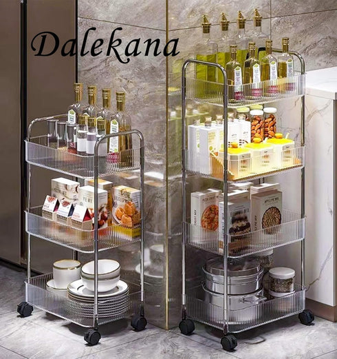Dalekana 3-Tier 8.2W 13L 25.8" Plastic Rolling Utility Clear Cart with Wheels, Multifunctional Storage Organizer Cart