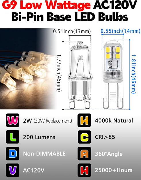 G9 T4 Bulbs 20W 4000K, G9 Bulbs 2W 200LM, Non-Dimmable Bulb 10 Pack LED Replacement, Natural White Bi-Pin Base LED