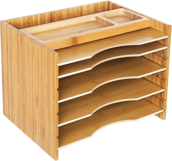 SONGMICS Bamboo File Organizer Paper Sorter with 5 Adjustable Shelves, Top Storage Compartments, Natural UOFS44Y