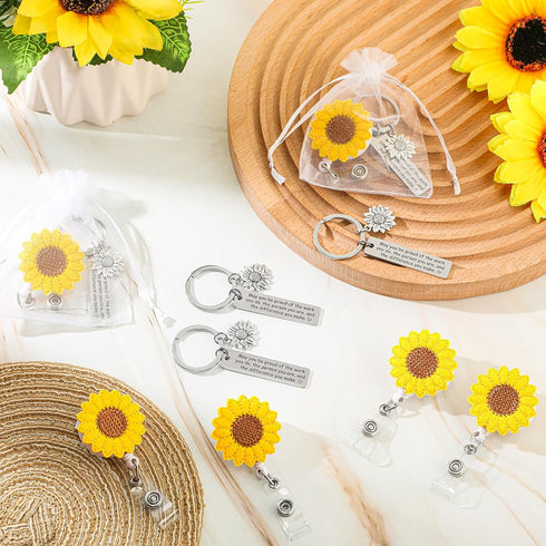 Zhanmai 12 Sets Sunflower Appreciation Gifts Sunflower Retractable Badge Holder Inspiration Keychains Thank You Gifts