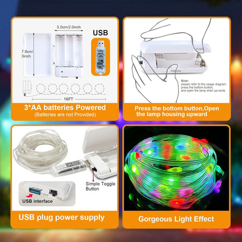 24 (1 Pack, 17ft) Aogist Modes RGB Color Changing String Light with Remote and Timer, Music & Mic Sync, USB & Battery