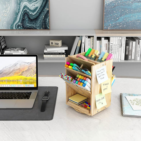Bamboo Desk Organizer Storage Accessories, Ultra-large 13 Compartments, Easy DIY Assembly, Rotating Desktop Organizer