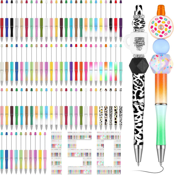 Qilery 150 Pcs Plastic Beadable Pens Kit, 55 Kinds Shell Colors, Black Ink Bead Ballpoint Pen Assorted for Students,