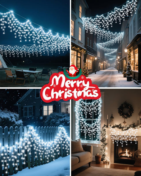 33FT 306 8 Christmas Ice Lights Outdoor, Cold White LED Modes Plug in Xmas Tree Decorations Twinkle Fairy Light String