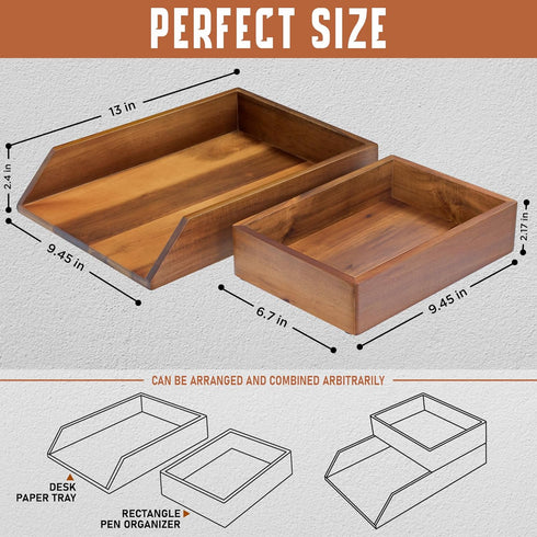 Demigo Desk Organizer Letter Tray, Set of 2 Acacia Wood for Storage Paper Letter Folders