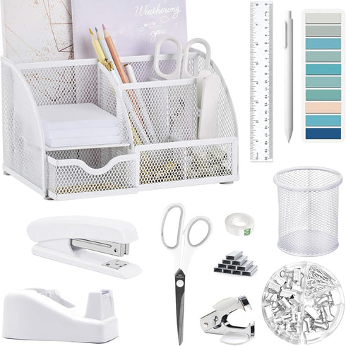 White Office Desk Accessories, 12pcs Organizers with Tape Dispenser, Stapler, Scissors, Ruler, Sticky Tabs, Clips Set