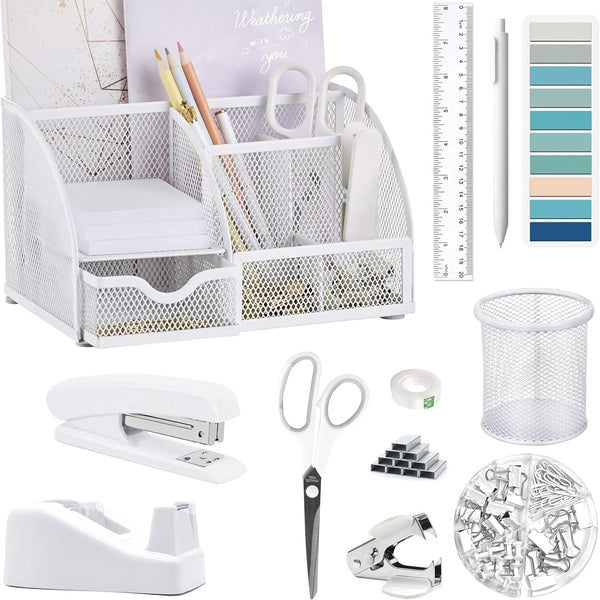 White Office Desk Accessories, 12pcs Organizers with Tape Dispenser, Stapler, Scissors, Ruler, Sticky Tabs, Clips Set