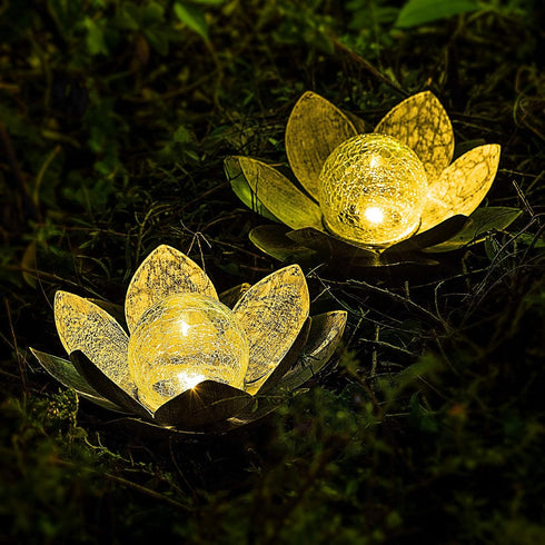 Huaxu Solar Lights Outdoor Garden, Crackle Globe Glass Lotus Decor, Waterproof LED Metal Flower Decorations