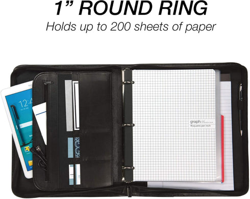 Samsill Professional 1-Inch Zipper Binder Padfolio, Black, Includes iPad Pocket & Writing Pad