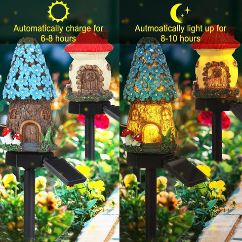 YZYOE 2 Packs of Solar Powered red and Blue Mushroom House Floor Lights, Garden Decoration Resin Cute House Mushroom