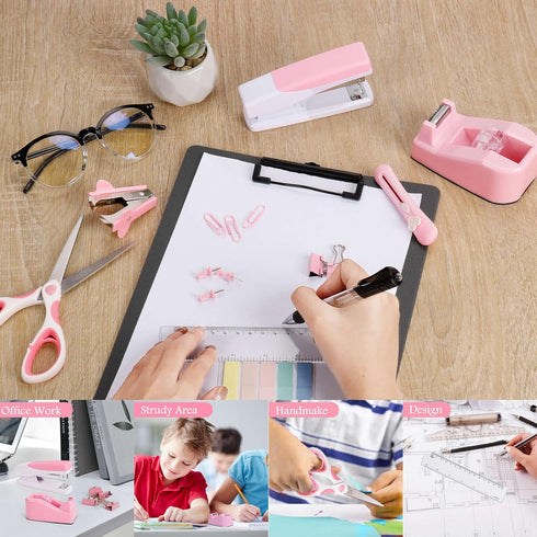Pink Office Supplies Kit, Cute Desk Accessories for Women, Stapler and Tape Dispenser Set with Staple Remover, Clips,