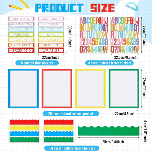 Henoyso 116 Sheets Science Fair Board Supplies 20 Printable Presentation Science Subtitles 80 Scalloped Bulletin Board Borders 8 Letter Sticker 8 Project Title for School Office (Board No Included) by Henoyso
