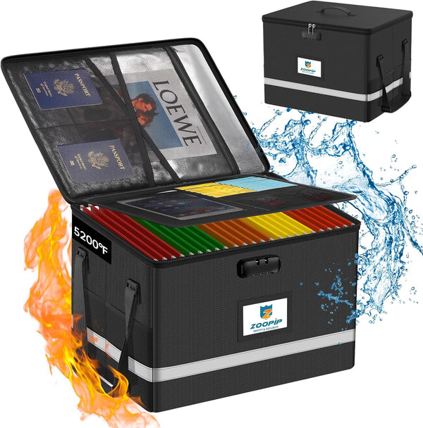 Fireproof File Box with Lock, 5200°F Document Storage Organizer for Hanging File Folders, Collapsible Box, Reflective