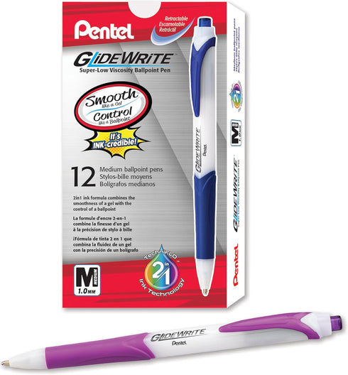 Pentel GlideWrite Ballpoint Pen Box of 12 with TechniFlo Ink, Medium Line (1.0mm), Magenta Ink (BX910-V4)