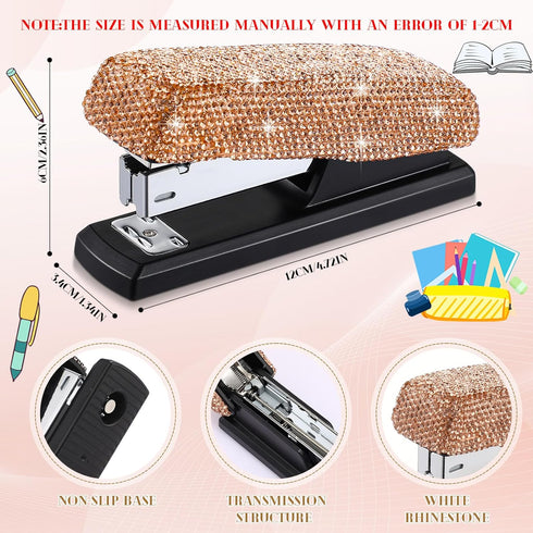 Bling Crystal Stapler Gift, Sparkly Diamond Stapler for Desk, Handmade Clay Rhinestone Machine Stapler (Champagne Gold)