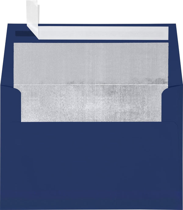 LUXPaper A7 Foil Lined Invitation Envelopes | Peel & Press | 5 1/4" x 7 1/4" | Navy Blue w/Silver LUX Lining | 50 Qty