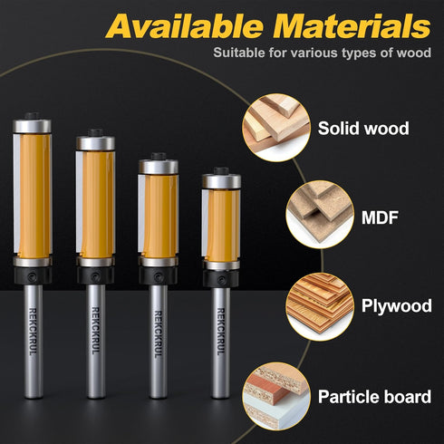 4Pcs Set, 1/4 Inch 1/2" 3/4", 1", 1-1/4", 1-1/2" Top and Bottom Bearing Flush Trim Router Bits Shank, Cutting Diameter