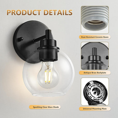Dogvsme 1-Light E26 Bulb (Bulb Black Bathroom Vanity Lights, Wall Sconce with Glass Globe Shade, Vanity Lighting