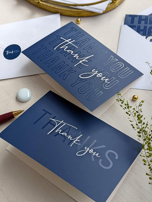 T&M Quality Designs LLC 100 4 4x6 Inch Thank You Cards with Envelopes and Stickers - Unique Navy Blue Designs Bulk