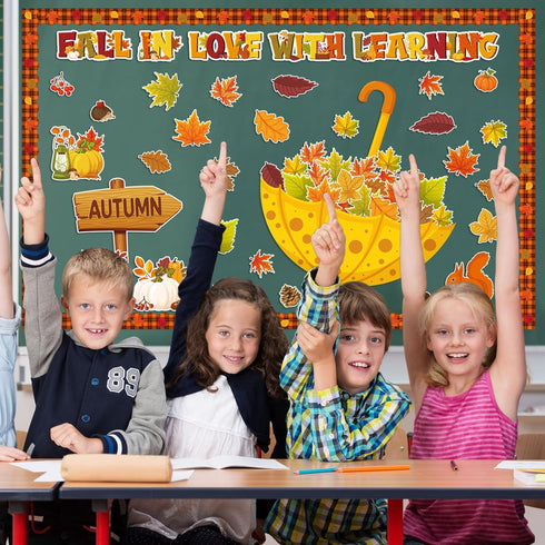 Qilery Fall in Love with Learning Bulletin Board Set, Autumn Maple Leaves Pumpkin Cutouts for Classroom Thanksgiving