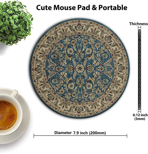 Wknoon Retro Blue and Beige Floral Print Art Round Mouse Pad, Vintage Oriental Persian Design Cute Circular Mat