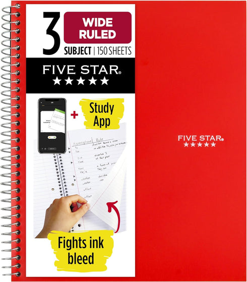 Five Star 3 Subject Spiral Notebook + Study App, 10-1/2" x 8", 150 Sheets, Wide Ruled Paper, Red (72029)