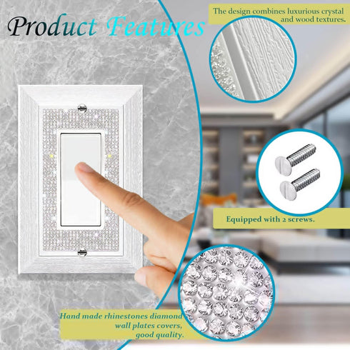 Light Switch Cover Bling, 2023 Glitter Cute Switch Plate Covers, Silver Rhinestones White Texture Electrical Outlet