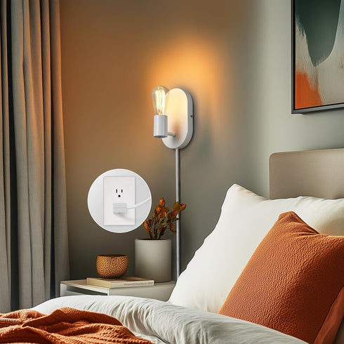 65000134 1-Light 6ft Globe Electric Plug-in or Hardwire Wall Sconce, Matte White, White Fabric Covered Cord, Inline
