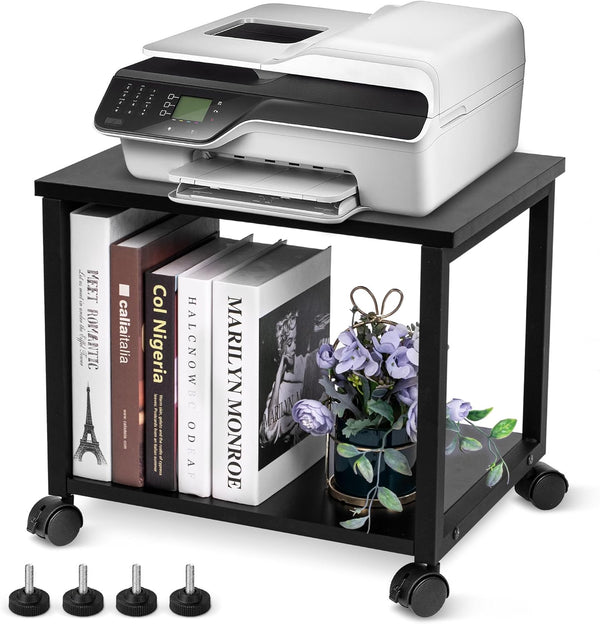 Under Desk Printer Stand - Classic Black 2-Tier Mobile Printer Table with Storage Shelf, Heavy Duty Wood Cart with