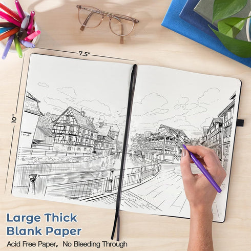 Blank Notebook, Hardcover Sketch Book, 8.5" x 11" Large Blank Journal, No Bleed Thick Paper Sketchbook for Drawing Art, Unlined Notebook Journal for Women Men, A4 Leather Sketchbook, Lay Flat, Navy by MALEDEN