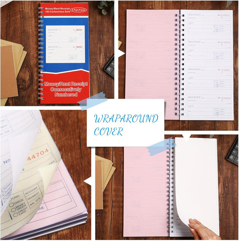 Crtiin 10 3 100 Sets 4 (5-1/4" 11") Pcs Part Spiral Carbonless Money and Rent Receipt Book with Carbonless Copies Per
