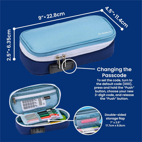 It's Academic Locking Pencil Case - Compact, High Capacity Travel Organizer Bag for Office & School Supplies, Blue