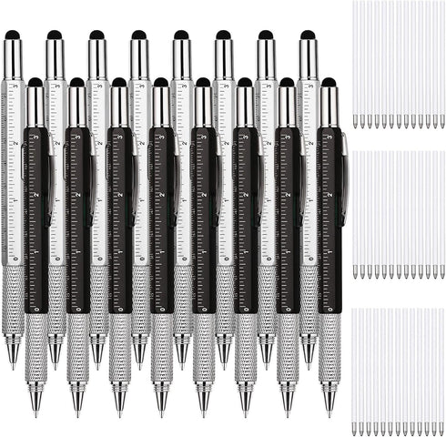 Zhanmai 16 Pieces 6 in 1 Multi Tool Gift Pen with Ruler, Level Gauge, Ballpoint Pen and Refills (Black, Silver)