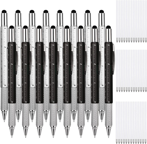 Zhanmai 16 Pieces 6 in 1 Multi Tool Gift Pen with Ruler, Level Gauge, Ballpoint Pen and Refills (Black, Silver)