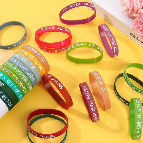 JUNEBRUSHS 64pcs Motivational Silicone Bracelets, Bulk Colored Inspirational Rubber Wristbands for Student Teacher Gifts