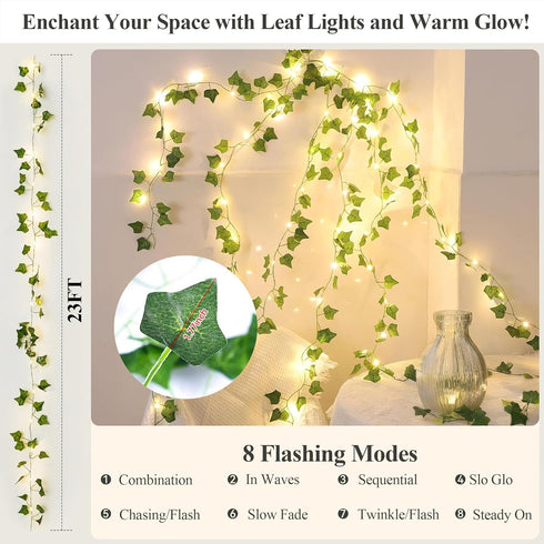 Operated,23FT 73LED YOUNGAR Ivy Vines with Fairy Lights,Leaf String Warm White Lights Battery/USB Fake for Bedroom Wall