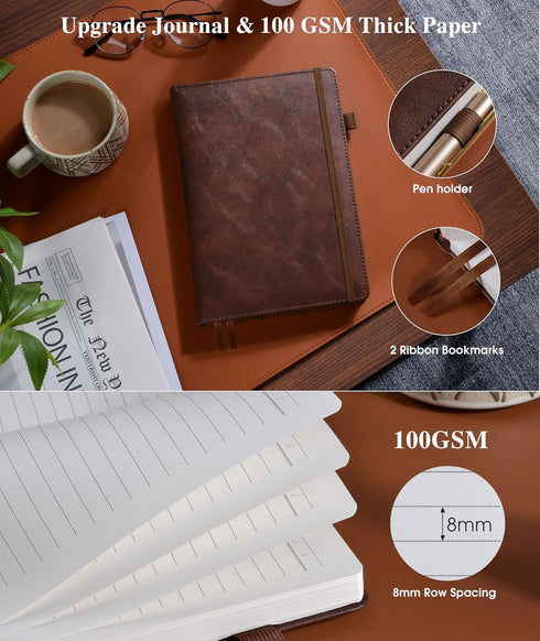 Lined Leather Journal Notebook, B5 Size, 256 Numbered Pages, 100GSM Thick Ruled Paper, Brown, 7.6"×10" for Men Women