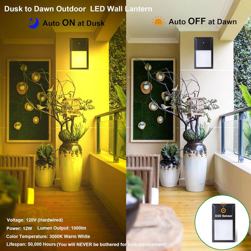 3000K 12W 1000 1-Pack LIT-PaTH Dusk to Dawn Outdoor Wall Lantern, LED Wall Sconce for Porch Lighting Fixture, Lumens